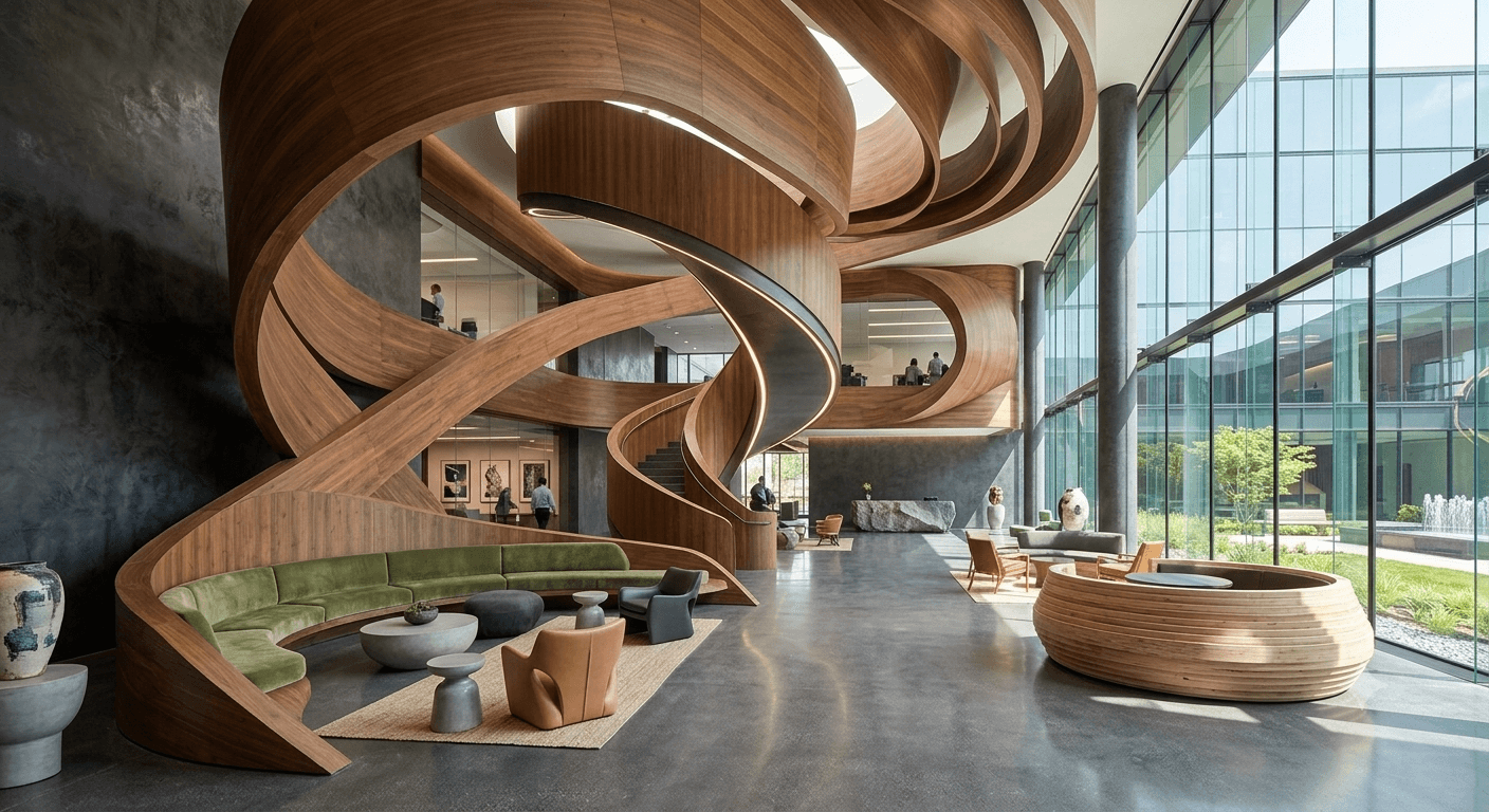 A high-end interior design of an office waiting area with a sofa and spiral staircase