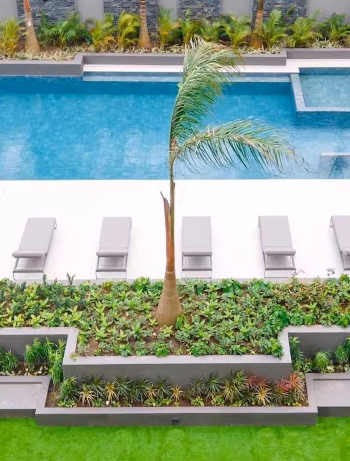 Overhead view of a residential poolside project